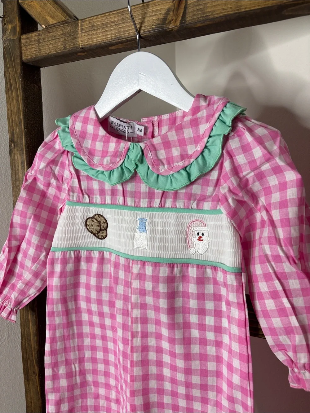 Pink Gingham Smocked Christmas One-Piece with Mint Ruffle Trim Size 18M